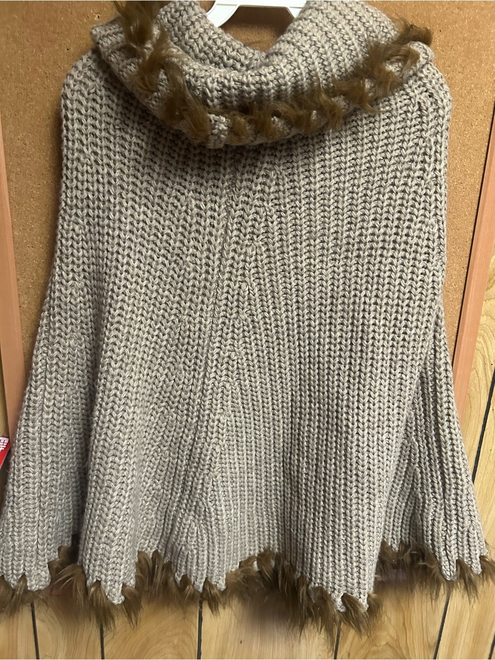 Source Unknown Taupe Knit Poncho with Faux Fur Trim